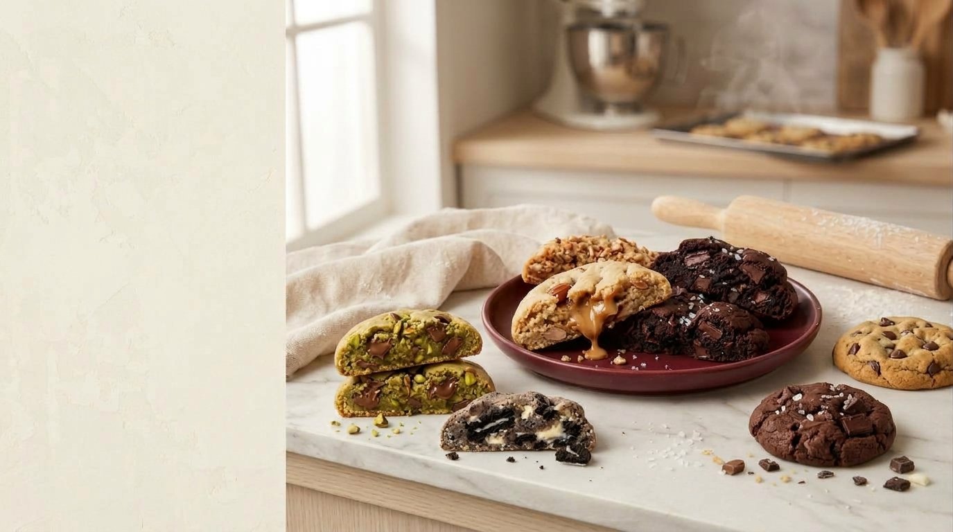 Cookies Cookie District fraîchement coupés sur un plan de travail en marbre, dans une cuisine lumineuse
